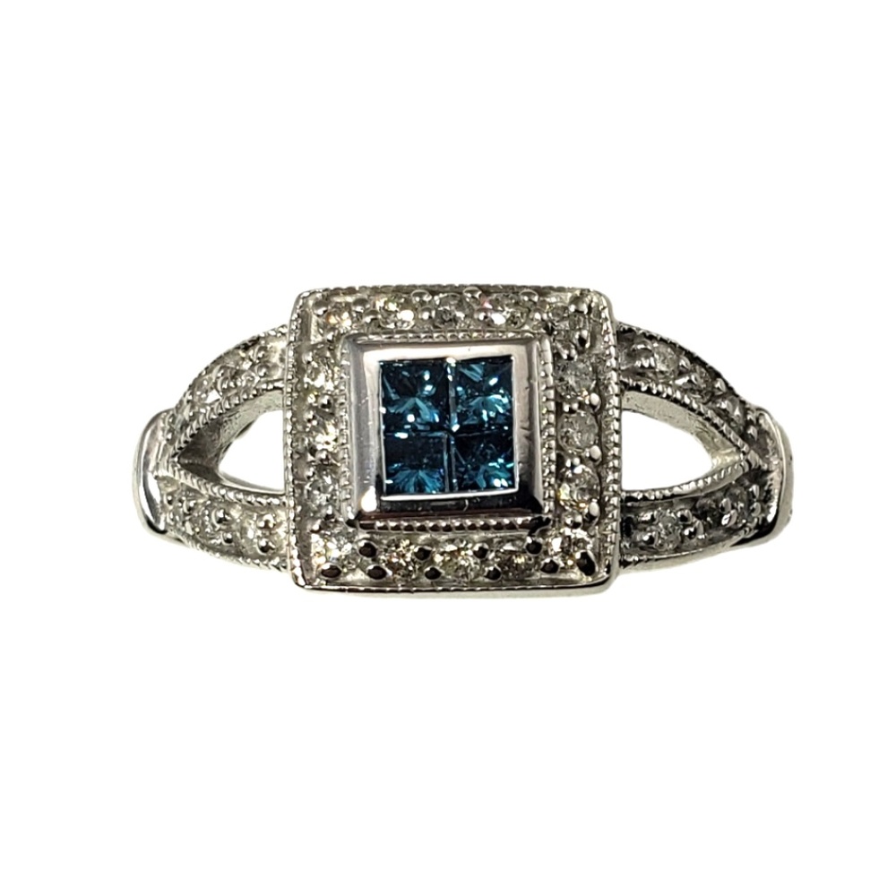 Vintage 14 Karat White Gold Blue (Color Treated) and White Diamond Ring #13285